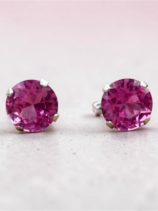 Artisan Jewelry - Natural Pink Sapphire Stud Earrings 6MM 925 Sterling Silver Round FaceteVibrant